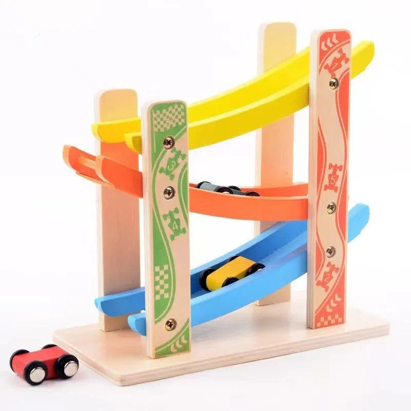 Children's wooden multi-layer inertial sliding car track toy in a colour slide variant for kids aged 4-6.