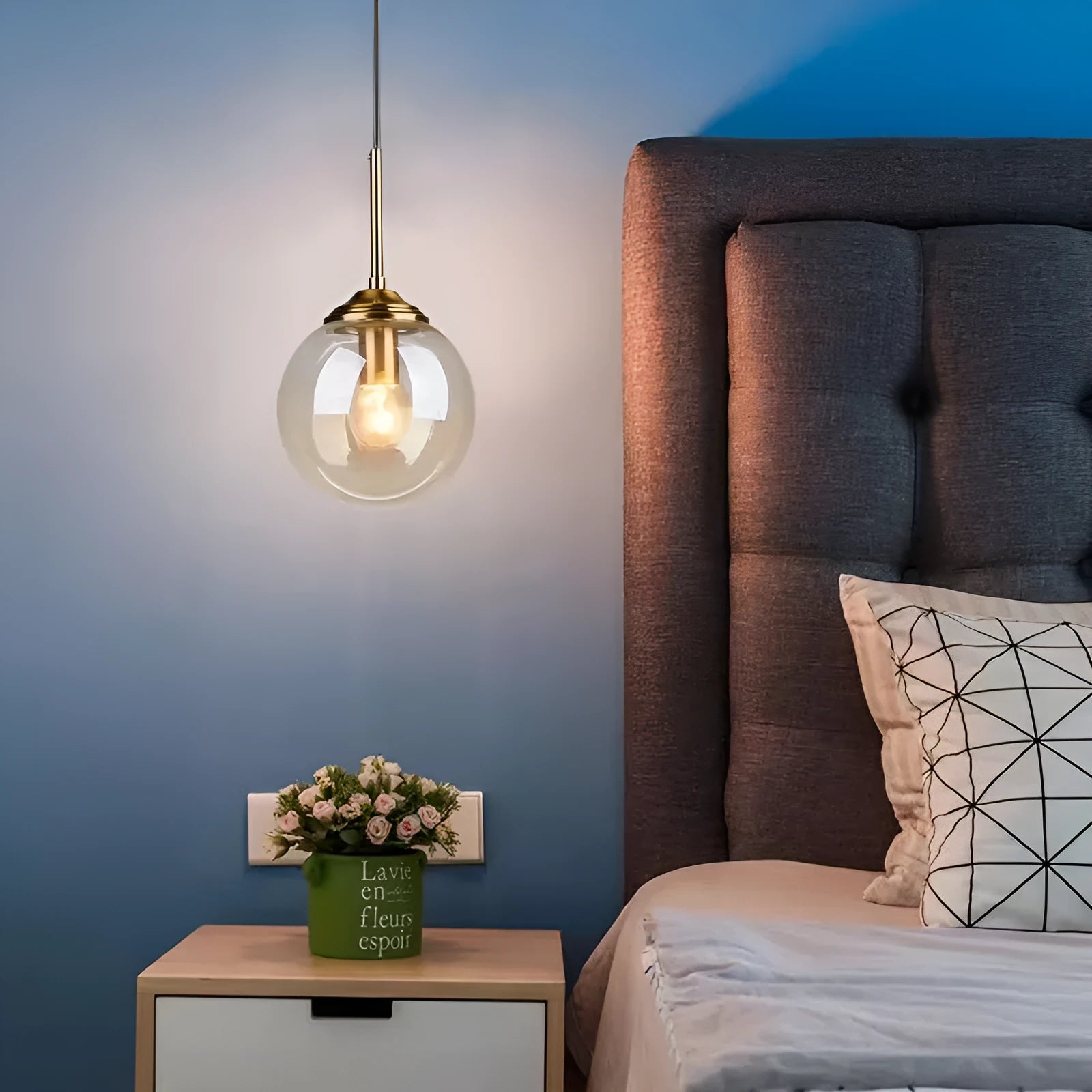 Modern round glass ball chandelier ceiling light in Nordic style with spherical shades.