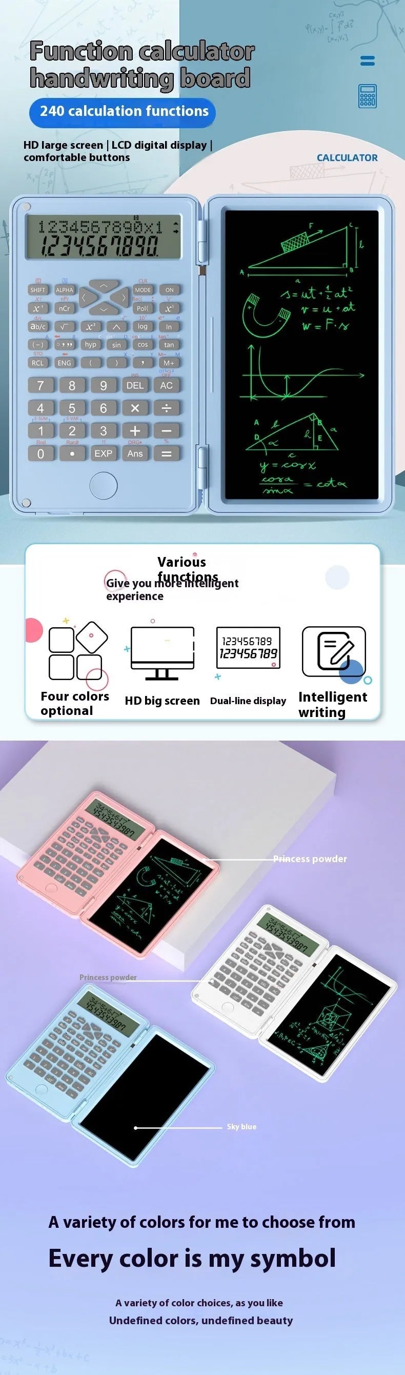 Portable scientific calculator with handwriting board, plastic body, 162 mm length, in black