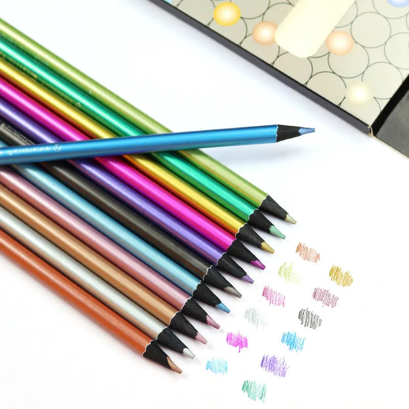 12-Color Metallic Colored Pencils Set in Box Wooden 2B Lead Art Drawing Pencils