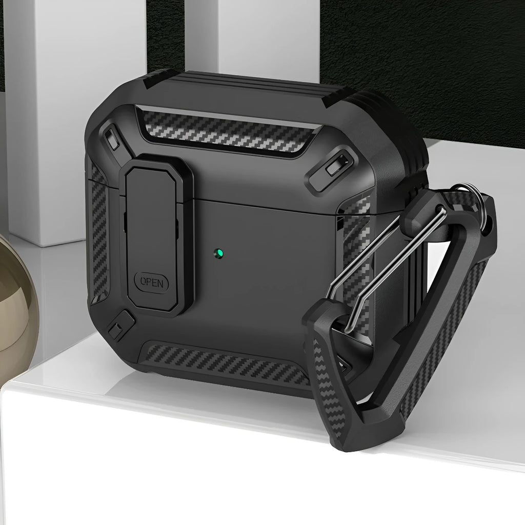 Two-colour plastic clamshell protective case for AirPods with a carrying hook attached.