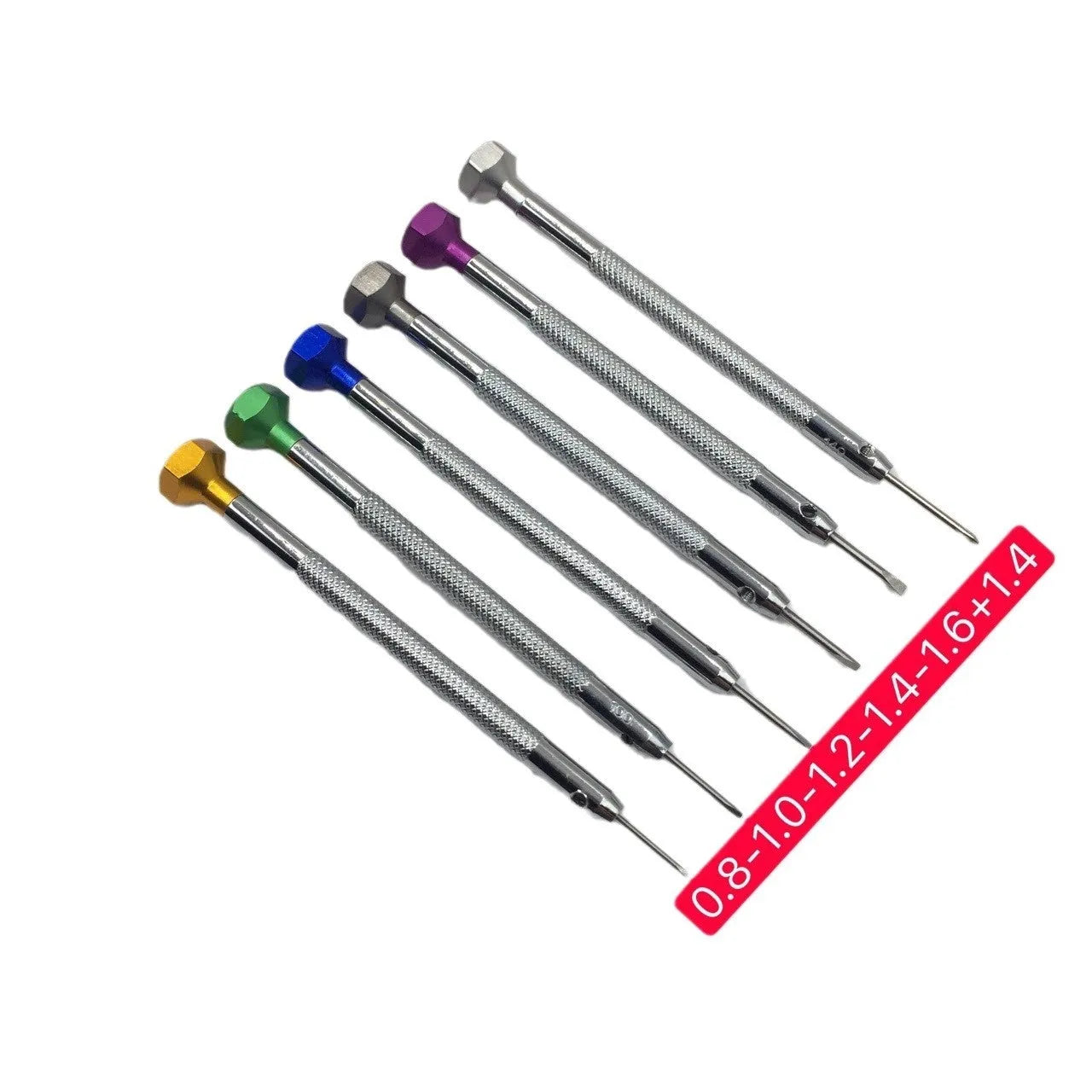 6 colour-coded watch repair screwdrivers with aluminium handles and spring steel cutter heads