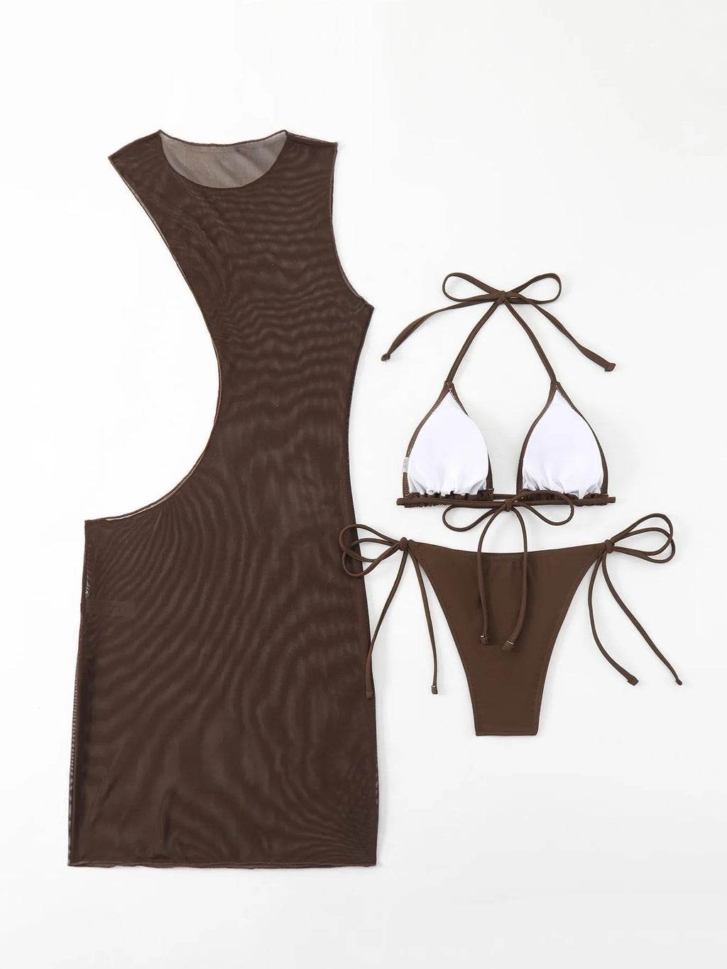 Brown solid colour women's three-piece bikini set with bra, shorts, and blouse on a neutral background.