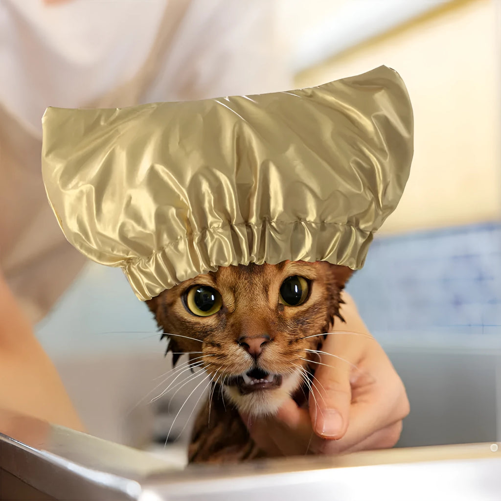 Adjustable waterproof shower cap for cats and dogs in silver, pink, or gold colours.