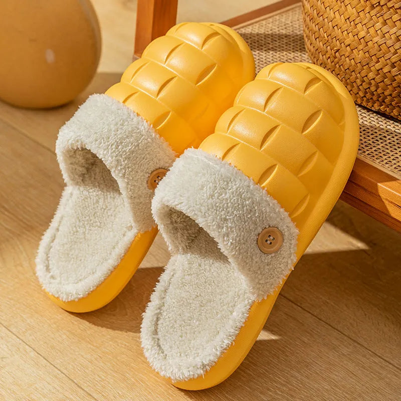 Plaid pattern detachable EVA slippers with plush lining and a textured nonslip sole.