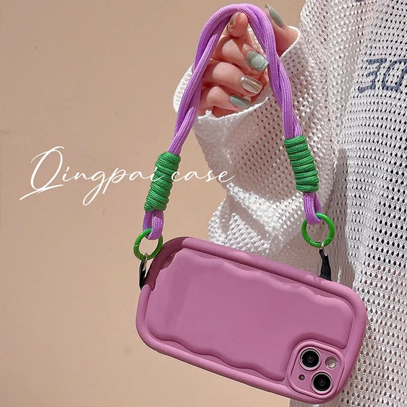TPU phone case with ribbon wrist lanyard for Apple iPhone, all-inclusive solid colour cover