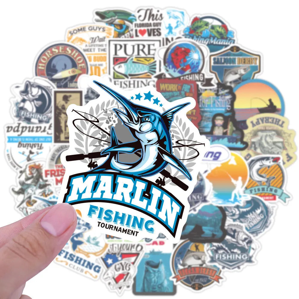 50 fishing angling adhesive stickers, 5-8cm, in WZ0335 and wz01039 colours for car windows and tackle boxes