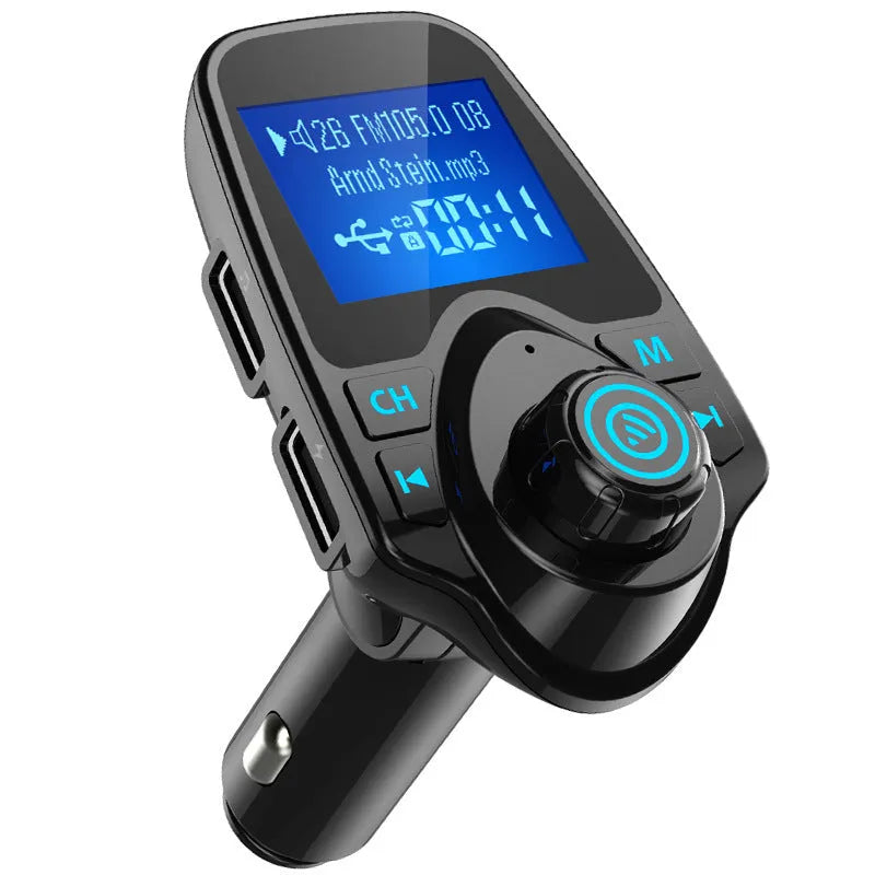Black car Bluetooth FM transmitter hands-free device plugged into a 12V socket