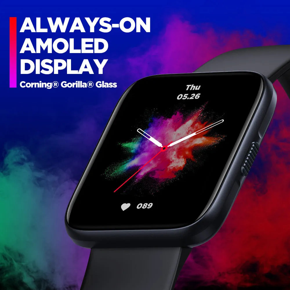Black GPS smart watch with rubber strap and 1.78-inch LCD display on wrist.