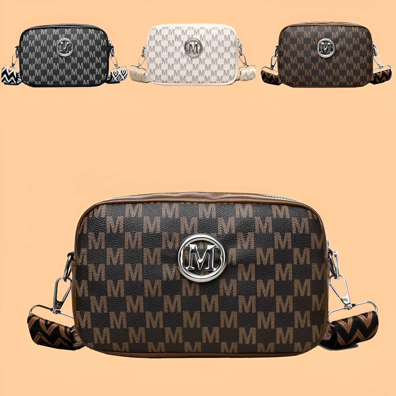 PU leather crossbody bag with wide strap showing three-dimensional front pocket in black colour