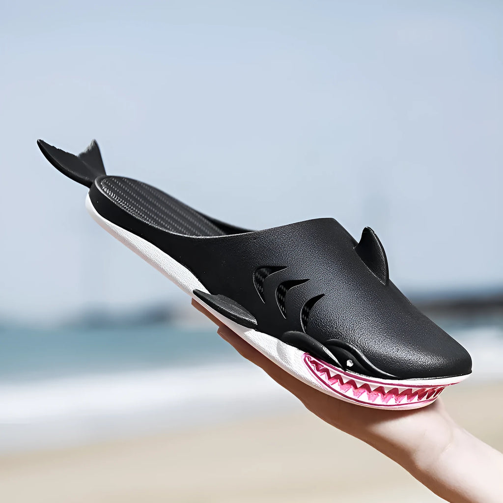 Shark PVC flat slippers for women and men in blue, size 40/41, side view