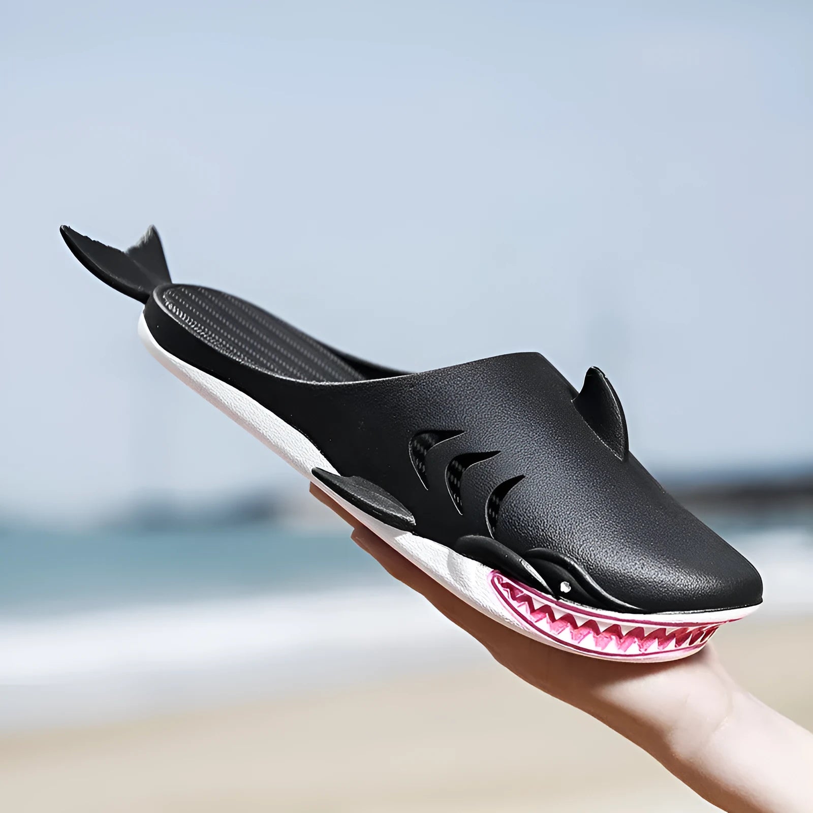 Shark PVC flat slippers for women and men in blue, size 40/41, side view