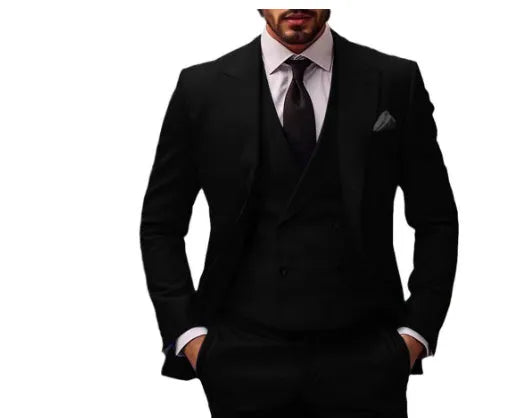 Plus size three-piece cotton blend suit set with blazer, vest and trousers for banquet or business wear