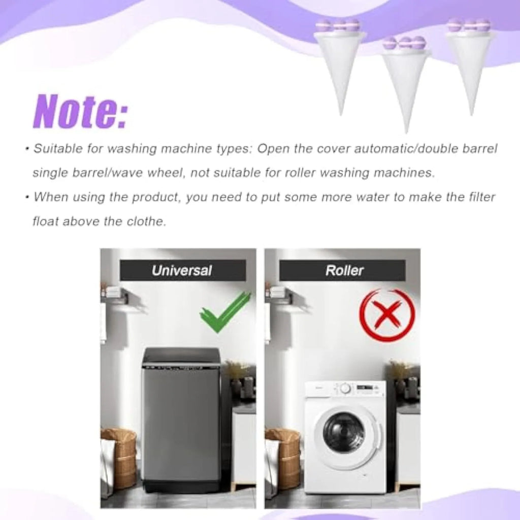 Set of three reusable pink blue and purple washing machine hair filter bags for pet lint removal.