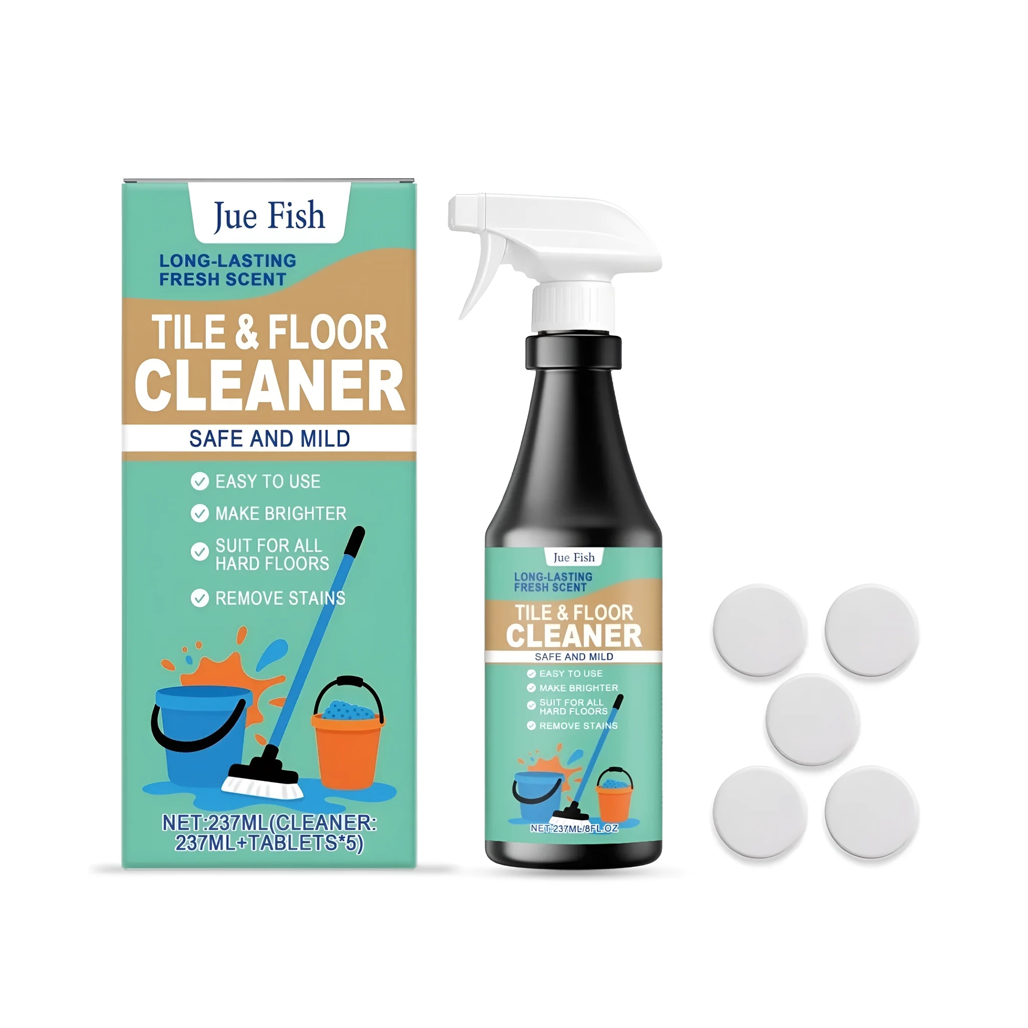 237 ml bottle of lemon-scented floor cleaner spray with a pack of cleaning tablets.