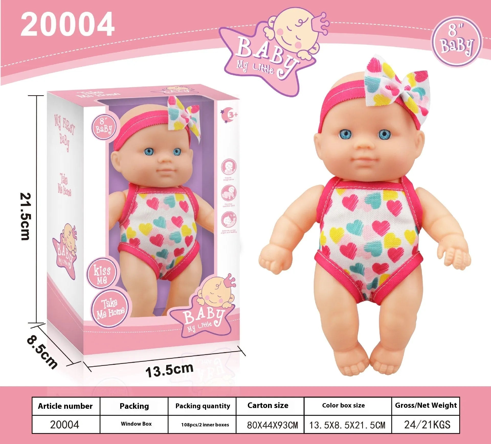 Vinyl baby figurine doll in display with colour variations and measurement scale