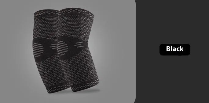 Knitted nylon elbow guard in black and blue colour, breathable sports compression support for basketball