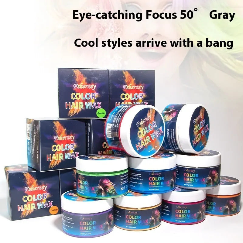 120g pot of strong hold hair styling clay in one of nine colours: white, orange, red, yellow, blue, green, purple, rose, or granny grey.