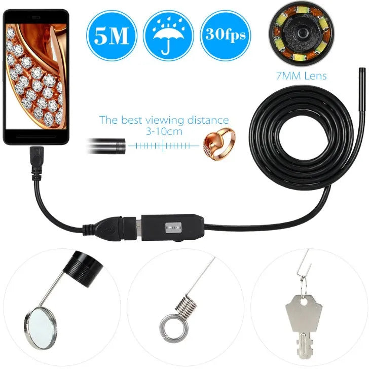 OWSOO USB endoscope camera with 7mm lens, 5m cable, hook, magnet, and side mirror accessories for phone and PC inspections.