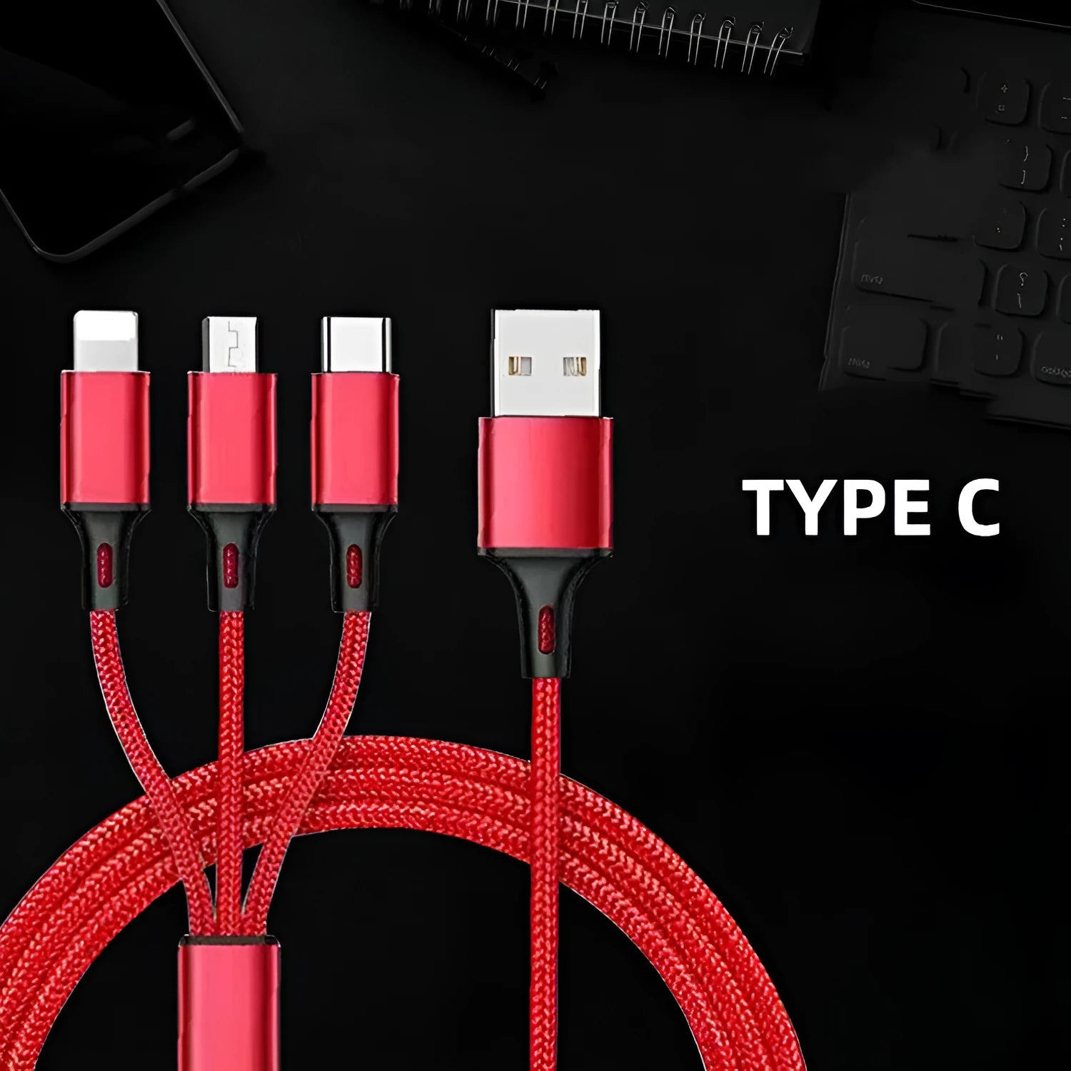 Three-in-one charging cable 1.2 metres long with TPE and nylon braid in multiple colour options