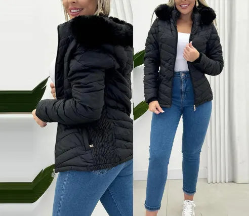 Polyester cotton cinched hoodie with fur collar short jacket in black, long sleeves, commuting style
