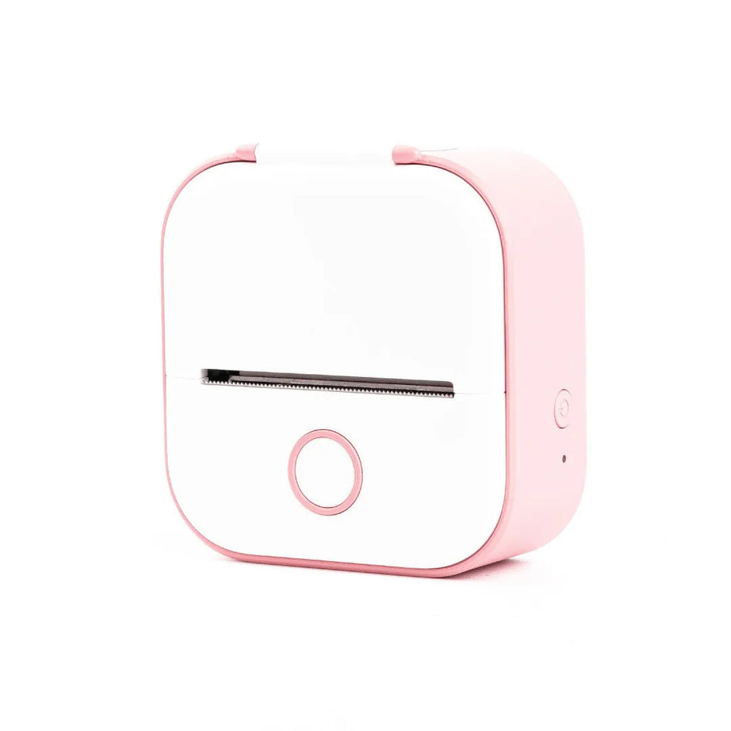 Phomemo T02 series portable mini thermal label printer in white and pink, with Bluetooth and USB charging