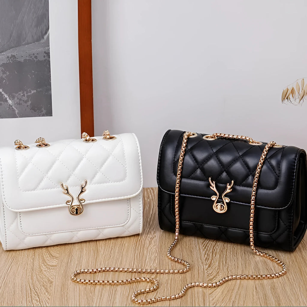 Summer Sheep Diamond Pattern PU Shoulder Bag, black and white, with chain strap and outer pocket.