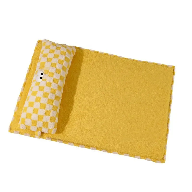 Four sizes of universal pet cushion with grey and yellow colour options showing different dimensions