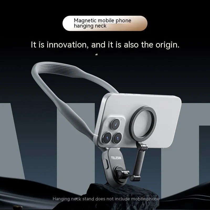 Grey silicone magnetic phone neck mount with quick release mechanism and anti-release rope