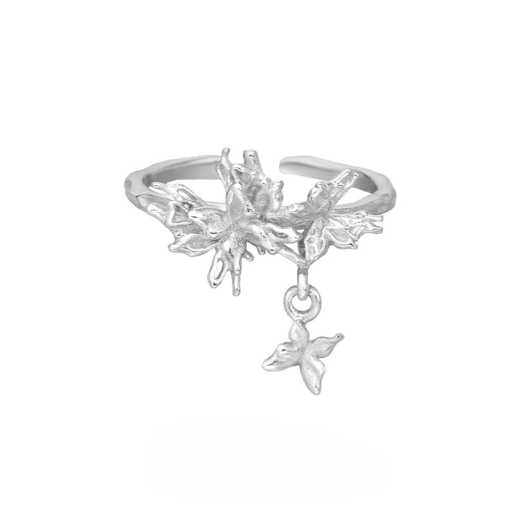 Women's silver butterfly ring with adjustable opening in gold-toned finish
