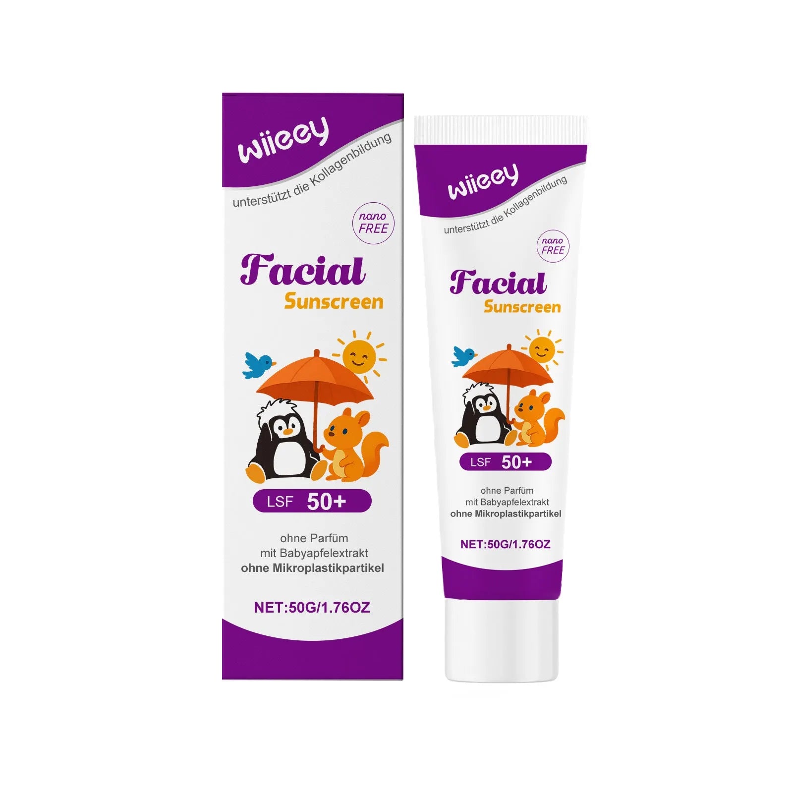 50g tube of SPF 50+ sunscreen cream with titanium dioxide for daily summer protection.