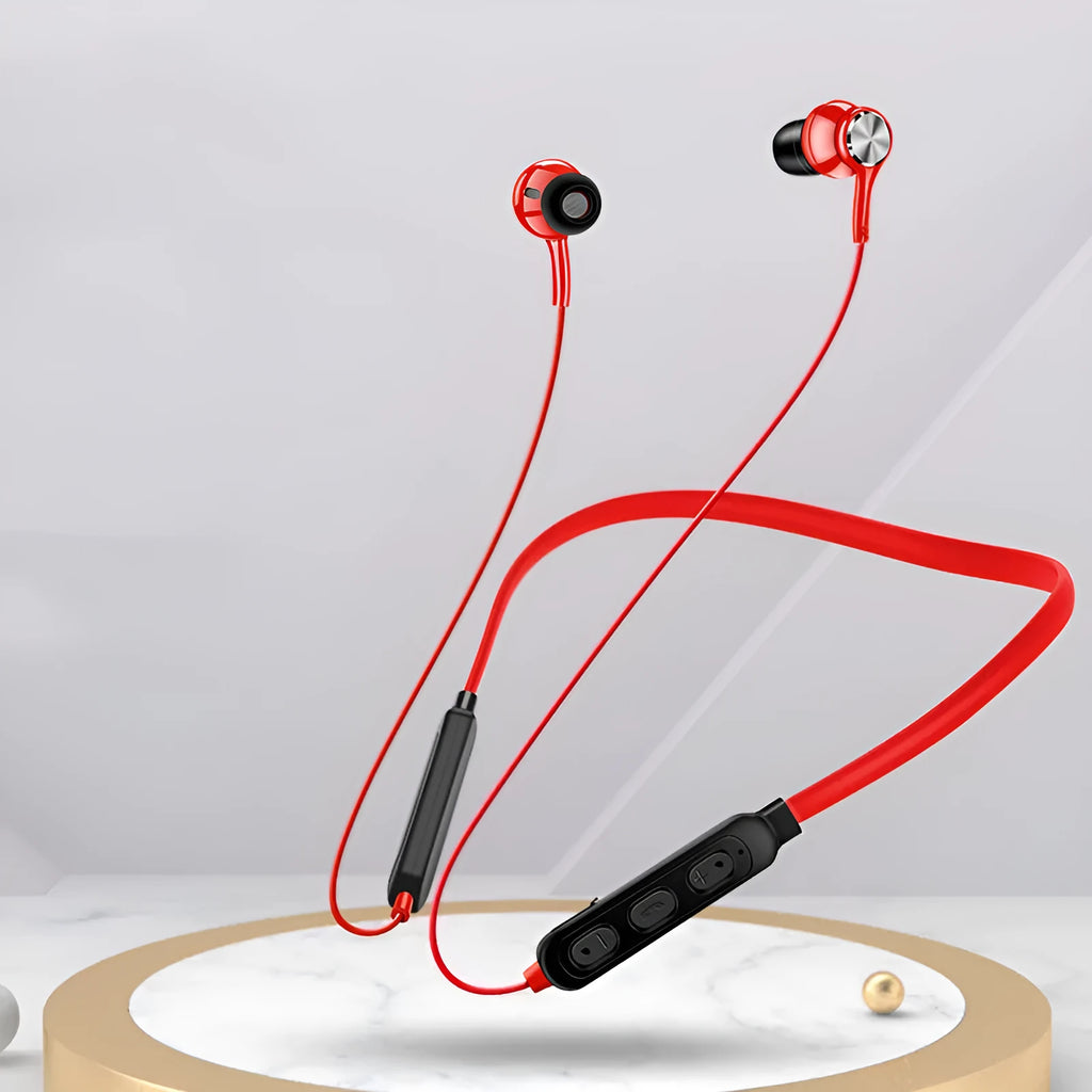 Red sports Bluetooth neckband earphones displayed in an open box with USB cable.