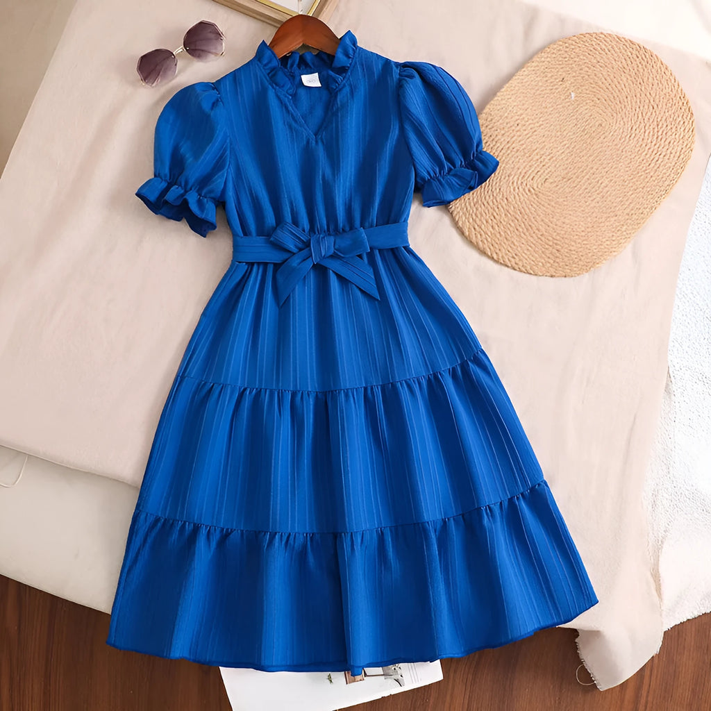 Girls' blue V-neck puff sleeve lace-up dress with A-line skirt and cotton blend fabric, summer style.