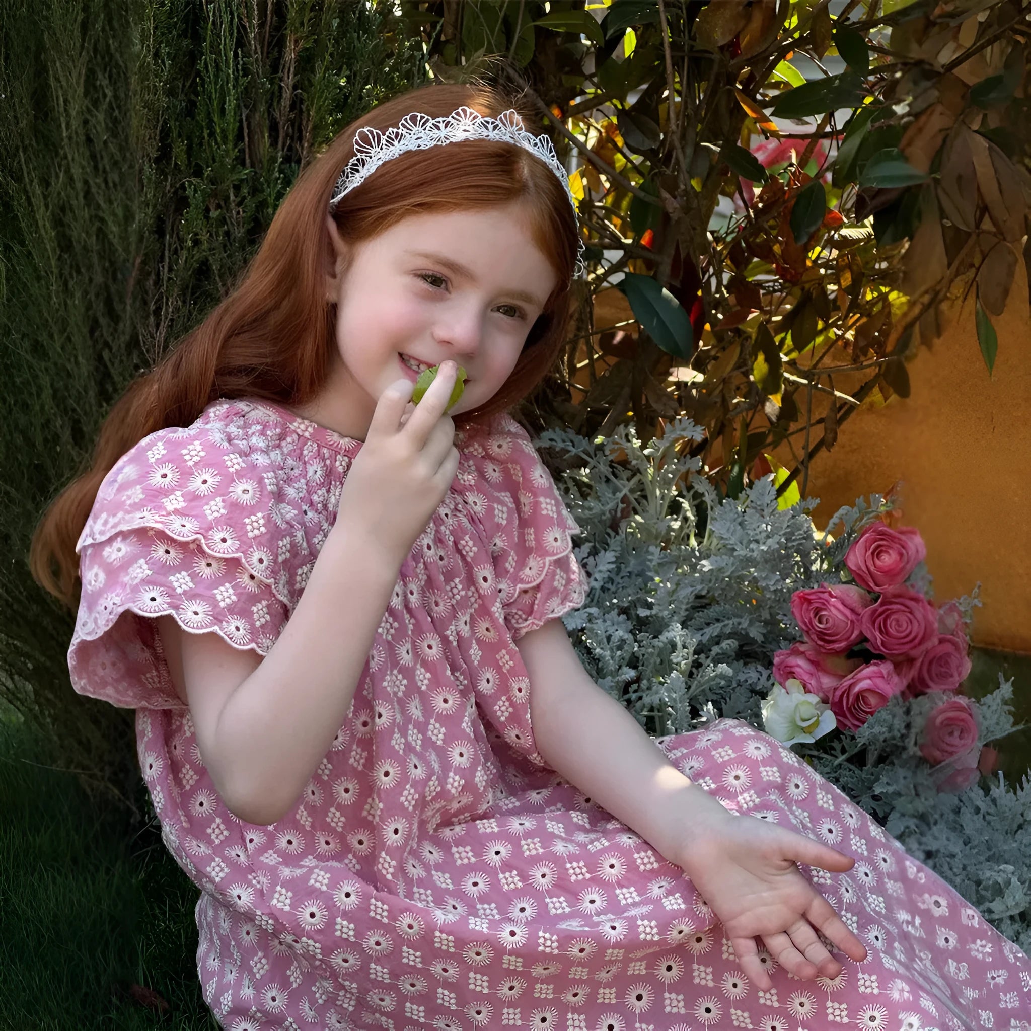 Pink girls' embroidered vintage cotton dress with floral pattern and lace flounced sleeves