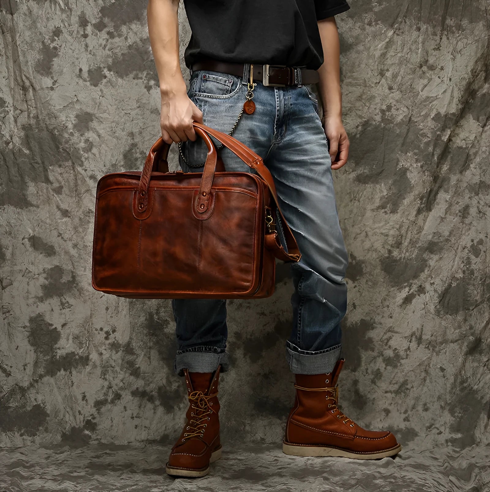 Brown vintage leather men's briefcase with soft handle, showing organised internal pockets for laptop and camera.