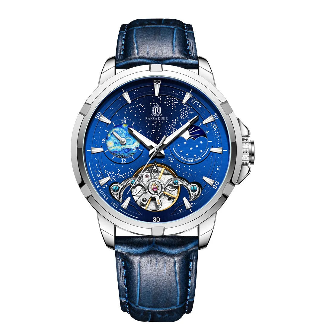 Men's automatic mechanical watch with blue dial and stainless steel case, showing clasp.