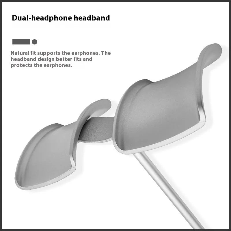 Desktop double-hanging earphone bracket in double-headed black holding two headphones on a desk