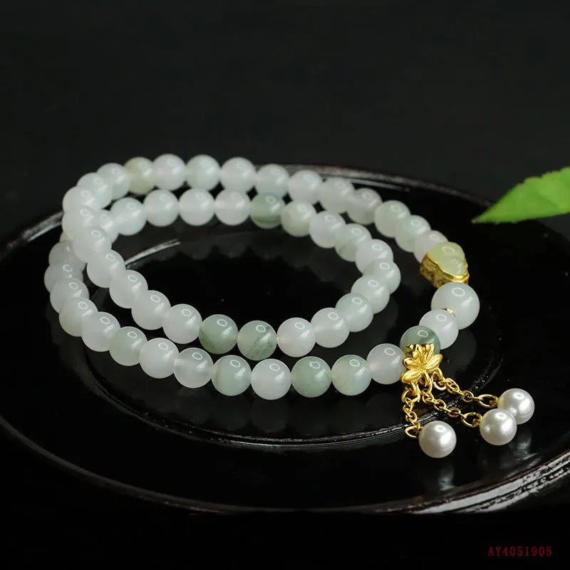 Jade double ring bracelet for women hand-woven Tianshan Cui 6mm beads geometric national style gourd lotus design