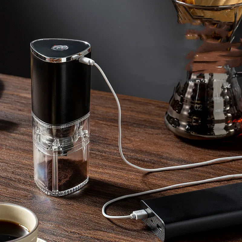 Frosted white or black portable electric coffee grinder with ceramic burr and USB cable