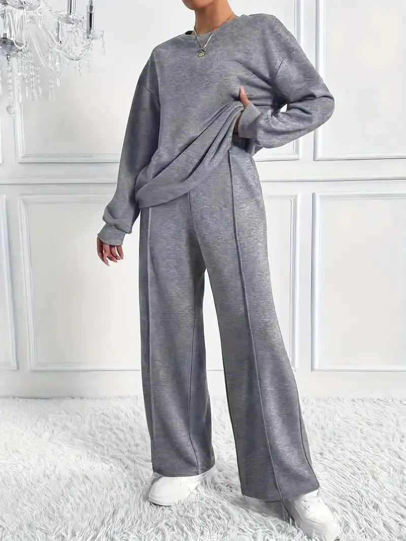 Women's cotton blend casual trousers twinset in solid colour with long sleeves crew neck top, six colours available