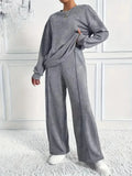 Women's cotton blend casual trousers twinset in solid colour with long sleeves crew neck top, six colours available