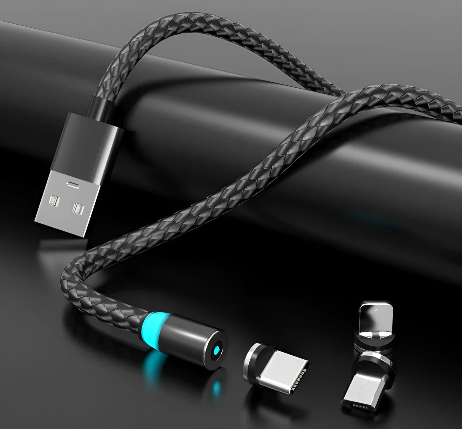 Breathing light magnetic charging cable with LED indicator, showing magnetic tips for iPhone and Android phones.