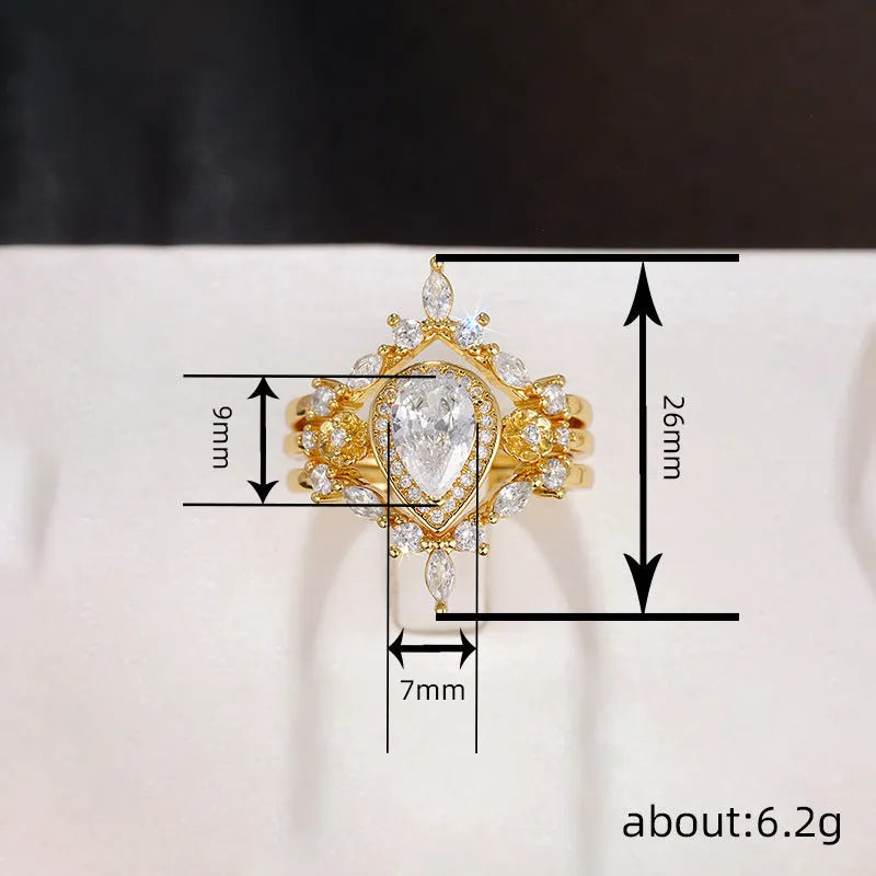 Women's drop-shaped ring with inlaid zircon and copper band in yellow gold colour, sizes No.6 to No.10
