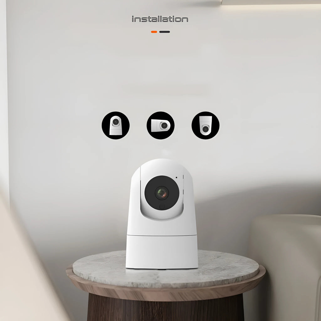 White indoor security camera on a shelf with 1080p HD, two-way audio, and dual-band Wi-Fi.