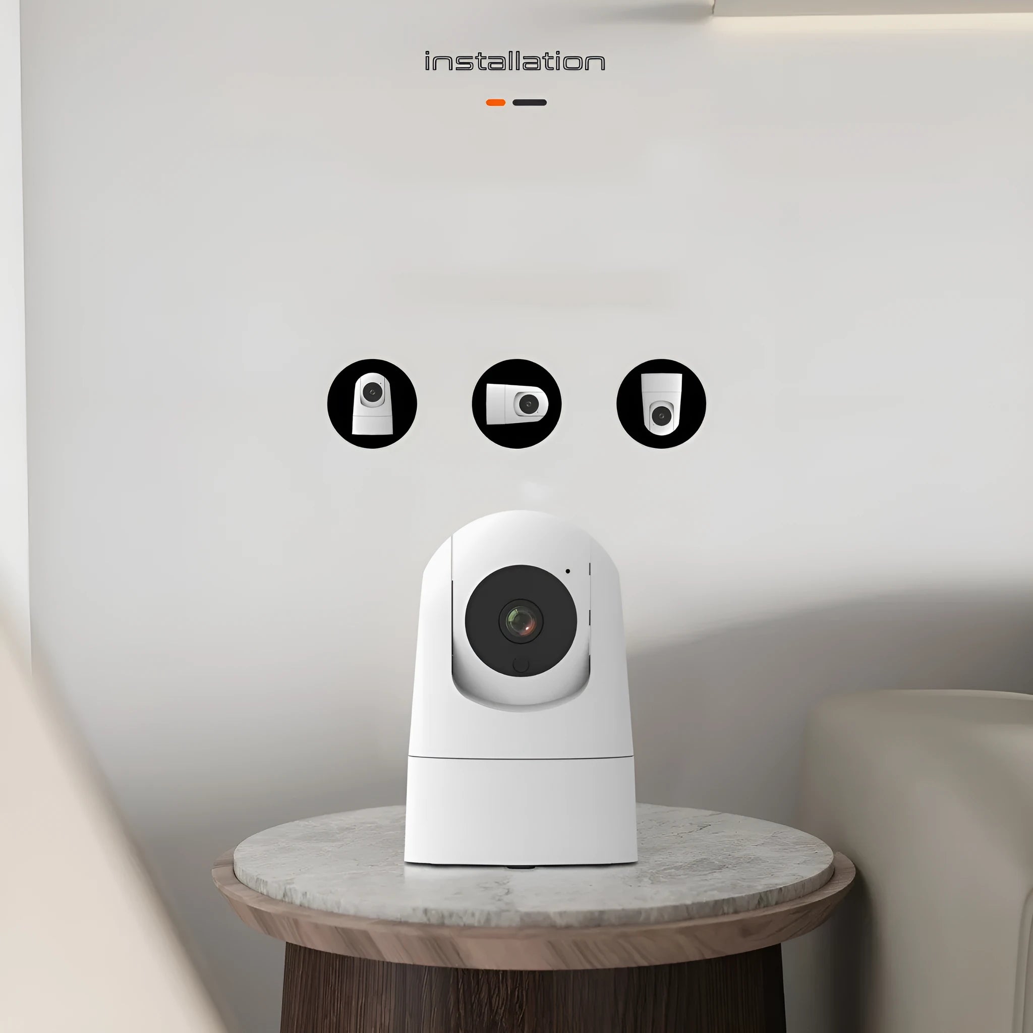 White indoor security camera on a shelf with 1080p HD, two-way audio, and dual-band Wi-Fi.
