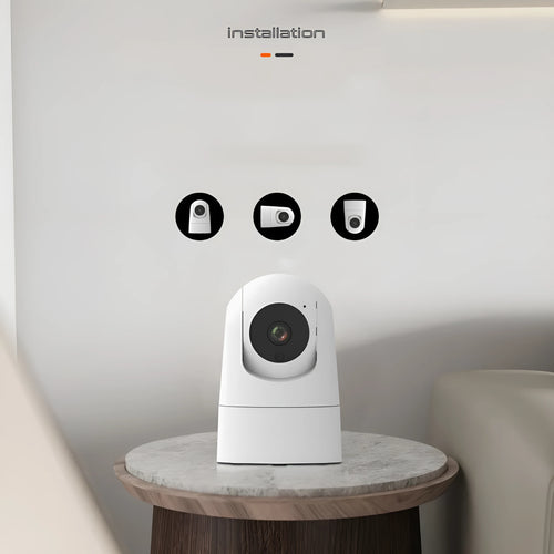 White indoor security camera on a shelf with 1080p HD, two-way audio, and dual-band Wi-Fi.
