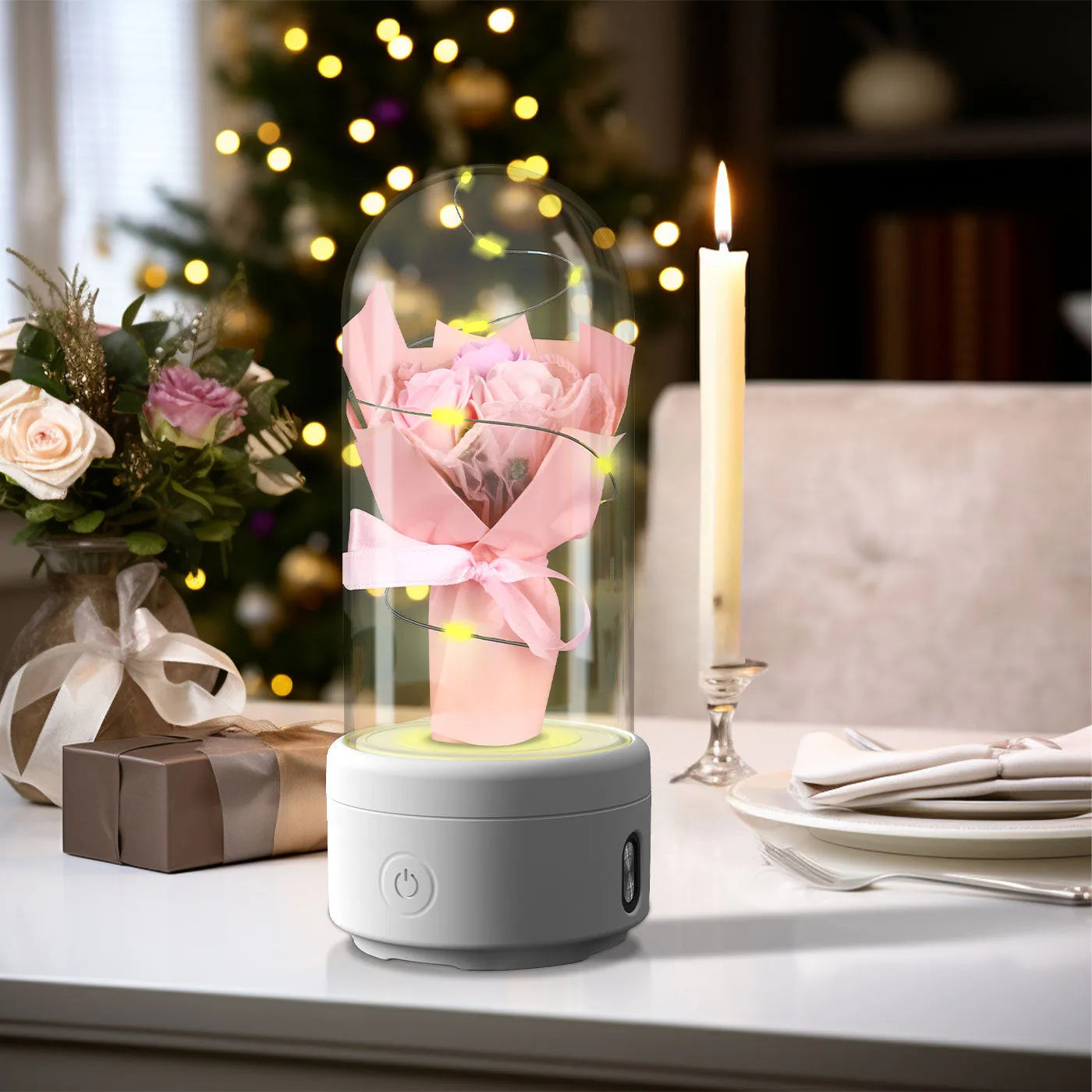LED bouquet night light with Bluetooth speaker inside glass cover, available in multiple colours