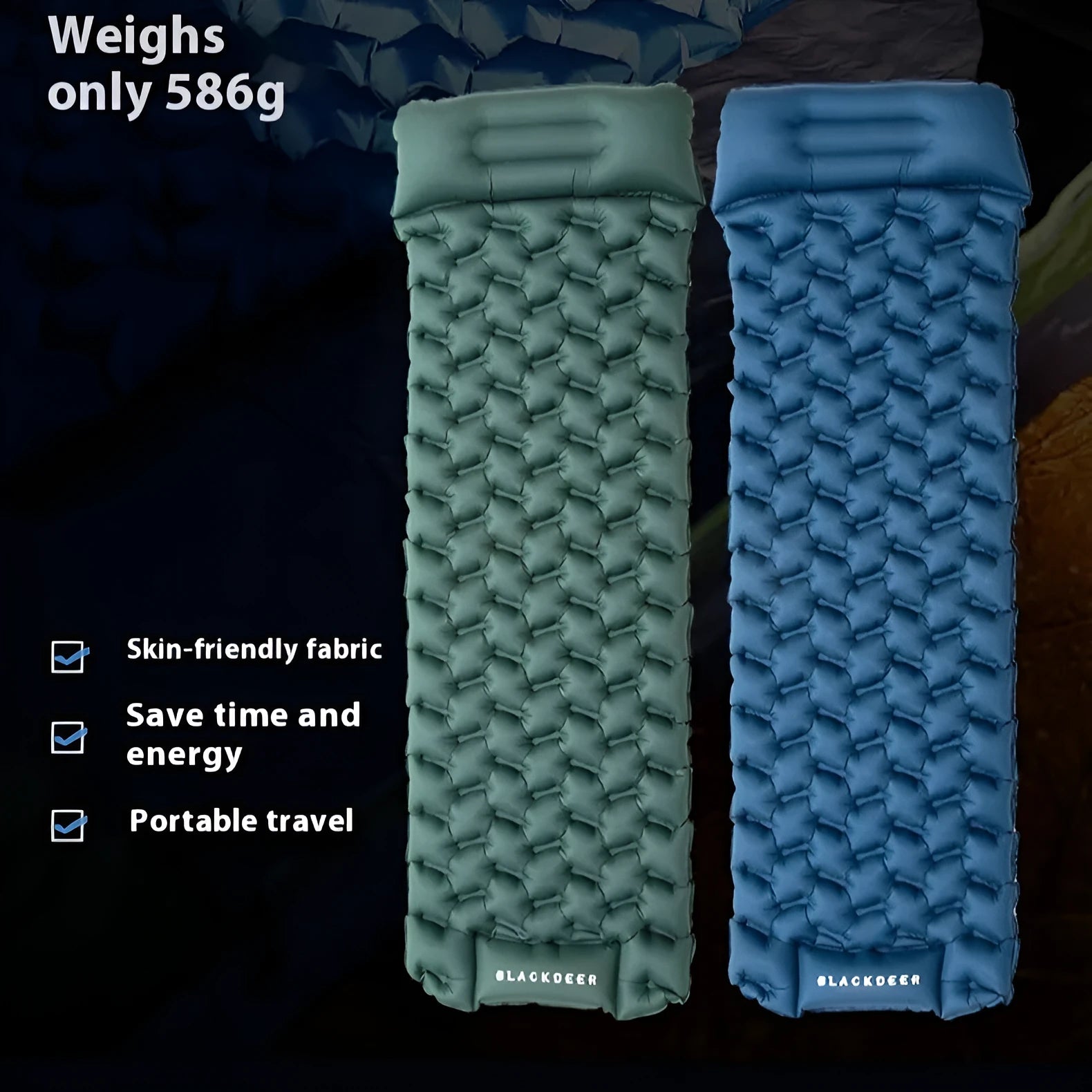 Single honeycomb press inflatable mattress in Moroccan blue colour for outdoor camping use