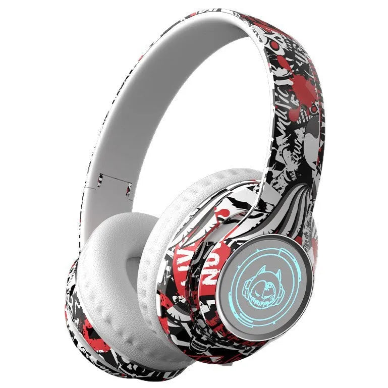 Folding Bluetooth gaming headset in black with graffiti design, featuring on-ear cushions and a breathing light