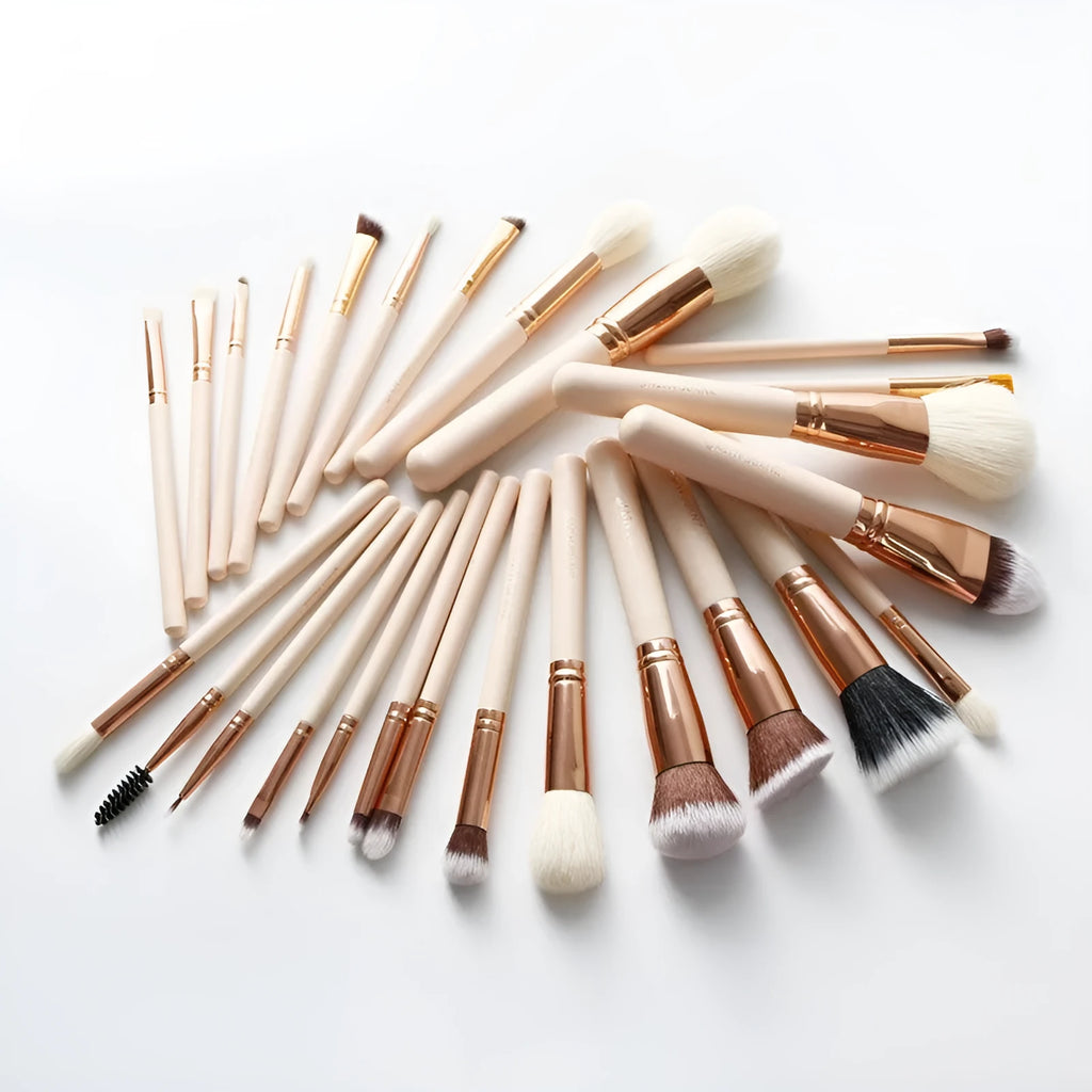 26-piece pink makeup brush set with wooden handles in PU storage bag